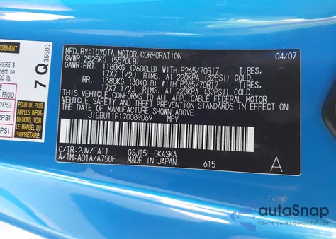 2007 Toyota Fj Cruiser z USA, uszkodzony, nr VIN JTEBU11F170089069